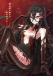  1girl bare_shoulders battleship_water_oni black_hair blush bracelet crossed_legs elbow_gloves gloves glowing glowing_eyes hair_between_eyes horn jewelry kantai_collection licking_lips long_hair looking_at_viewer naughty_face pale_skin red_eyes rocknroll shinkaisei-kan solo spiked_bracelet spikes tongue tongue_out torn_clothes translation_request very_long_hair 