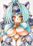  1girl :&lt; android black_gloves blue_hair bodysuit breasts colored_pencil_(medium) gloves hair_ornament kos-mos large_breasts long_hair looking_at_viewer marker_(medium) millipen_(medium) red_eyes solo tears traditional_media under_boob upper_body very_long_hair xenosaga xenosaga_episode_iii yutakasan-love 