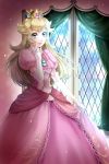  1girl blonde_hair blue_eyes blush breasts crown dress earrings elbow_gloves gloves highres jewelry long_hair pink_dress princess_peach skirt_hold smile solo super_mario_bros. wasabi_(legemd) white_gloves 