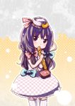  1girl :&lt; alternate_costume bow crescent_hair_ornament hair_bow hair_ornament hat hat_bow long_hair mayuge_inu patchouli_knowledge purple_hair solo thigh-highs touhou violet_eyes 