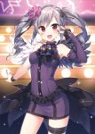  1girl angel_wings bare_shoulders blush dress drill_hair elbow_gloves fingerless_gloves flower gloves hair_flower hair_ornament hair_ribbon idolmaster idolmaster_cinderella_girls kanzaki_ranko long_hair looking_at_viewer nail_polish open_mouth red_eyes ribbon rosenburg_engel shima_(shima_je) silver_hair single_glove smile solo thigh_strap twin_drills twintails wings wristband 