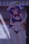  1girl 3692materia bare_legs bed blush bow bowtie bra capelet crescent curtains dark hair_bow hair_ornament hat hat_bow highres light_particles lingerie long_hair looking_to_the_side midriff mob_cap navel panties patchouli_knowledge purple_hair solo sunlight touhou underwear 