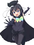  1girl absurdres bird_girl bird_tail bird_wings black_cape black_gloves black_hair black_headwear black_legwear black_shirt black_shorts blush bow bowtie cabbie_hat cape elbow_gloves eyebrows_visible_through_hair gloves hat head_wings highres kemono_friends open_mouth pantyhose rainbow_neckwear reaching_out shiraha_maru shirt short_hair shorts sleeveless solo western_parotia_(kemono_friends) wings 