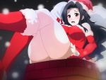  black_hair blush boots brick christmas frown hat long_hair mahouka_koukou_no_rettousei open_mouth red_eyes saegusa_mayumi santa_boots santa_costume santa_hat sitting snow thigh-highs 