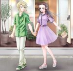  1boy 1girl bag belt blonde_hair blue_eyes blush brown_hair casual contemporary dress handbag highres link long_hair princess_zelda sandals short_hair smile the_legend_of_zelda triforce twilight_princess wasabi_(legemd) 