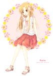  1girl asuna_(sao) brown_eyes brown_hair flower hair_flower hair_ornament highres keiko. long_hair sandals sitting sword_art_online 