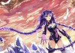  1girl blue_eyes braid choujigen_game_neptune feathers long_hair mountain neptune_(choujigen_game_neptune) neptune_(series) purple_hair purple_heart sword twin_braids weapon 