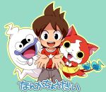  1boy amano_keita brown_hair cat fangs ghost jibanyan looking_at_viewer multiple_tails notched_ear open_mouth purple_lips sakiko_(gekiama) simple_background tail two_tails whisper_(youkai_watch) youkai youkai_taisou_dai-ni youkai_watch 