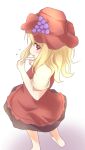  1girl aki_minoriko blonde_hair blush flying_sweatdrops food from_above fruit grapes hat looking_back mickeysmith red_eyes solo touhou white_background 
