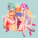  3girls ahoge alternate_costume blue_eyes blue_hair bow braid china_dress chinese_clothes cleavage_cutout flower food green_eyes green_hair hair_bow hair_flower hair_ornament hiiragi_yuzu long_hair multicolored_hair multiple_girls nikuman nns146 pink_hair ponytail rin_(yuu-gi-ou_arc-v) serena_(yuu-gi-ou_arc-v) short_hair smile thigh-highs two-tone_hair yellow_eyes yuu-gi-ou yuu-gi-ou_arc-v 