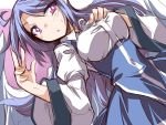  ahoge blue_hair breasts dress dutch_angle hand_on_own_chest hemogurobin_a1c juliet_sleeves long_hair long_sleeves looking_at_viewer puffy_sleeves red_eyes sariel touhou touhou_(pc-98) triangle_mouth w wings 