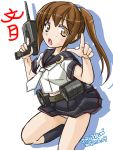  brown_hair fumizuki_(kantai_collection) gun kantai_collection looking_at_viewer panties pantyshot ponytail pose school_uniform tatsumi_rei underwear weapon 