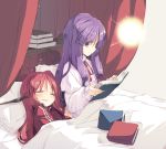  2girls alternate_costume blanket blush book book_stack capelet closed_eyes curtains head_wings koakuma light long_sleeves looking_down lying multiple_girls no_hat on_bed on_side open_book open_mouth patchouli_knowledge pillow profile purple_hair reading satou_kibi sitting sleeping touhou violet_eyes wide_sleeves 