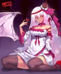  1girl bare_shoulders black_legwear breasts cleavage cup demon_girl demon_wings detached_sleeves dress earrings frilled_dress frills hair_ornament hairband jewelry jjune large_breasts long_hair long_sleeves original red_eyes silver_hair sitting solo thigh-highs vampire very_long_hair white_dress wide_sleeves wine_glass wings zettai_ryouiki 