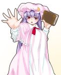  &gt;:o 1girl :o blush book breasts capelet chestnut_mouth crescent_hair_ornament foreshortening hair_ornament highres hiro_(h-net) large_breasts long_hair long_sleeves looking_at_viewer mob_cap nightgown outstretched_hand patchouli_knowledge plump purple_hair red_eyes solo touhou very_long_hair 