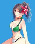  1girl adapted_costume amagi_(kantai_collection) bikini breasts brown_eyes brown_hair flower hair_flower hair_ornament kantai_collection long_hair looking_at_viewer mole mole_under_eye ponytail smile solo swimsuit tbd11 