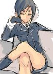  1boy crossed_legs double-breasted gloves looking_at_viewer male_focus military military_uniform necktie rand_(artist) short_hair shorts sitting sketch smile touken_ranbu uniform white_background yagen_toushirou 