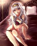  1girl absurdres bed blush bra breasts cleavage hairband highres hisa_tsuki idolmaster lingerie long_hair looking_at_viewer open_mouth panties red_eyes shijou_takane silver_hair solo underwear 