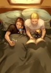  2boys bed blonde_hair book brown_hair james_buchanan_barnes marvel mechanical_arm multiple_boys persocom prosthetic reading selfie steve_rogers stuffed_animal stuffed_toy teddy_bear yaoi yoku_(liuyc) 