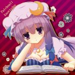  15_(tooka) 1girl book bow breasts character_name cleavage crescent_hair_ornament elbow_rest hair_bow hair_ornament hat hat_bow lying on_stomach patchouli_knowledge purple_hair solo touhou violet_eyes 