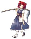  1girl blush breasts coin hiro_(h-net) japanese_clothes kimono kimono_skirt long_dress looking_at_viewer obi onozuka_komachi over_shoulder red_eyes redhead sandals sash scythe solo tabi touhou two_side_up weapon weapon_over_shoulder 