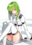  1girl adapted_costume alternate_hair_length alternate_hairstyle arm_support c.c. code_geass creayus green_hair highres long_hair short_shorts shorts sitting solo straitjacket thigh-highs upscaled white_legwear yellow_eyes 