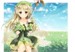  1girl atelier_(series) atelier_ayesha ayesha_altugle blonde_hair blush bow feathers flower green_skirt hair_flower hair_ornament hat iris_yayoi long_hair skirt sky smile solo staff wrist_cuffs yellow_eyes 