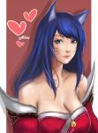  1girl ahri animal_ears bare_shoulders blue_eyes breasts cleavage detached_sleeves facial_mark fox_ears heart highres ikhwan_maulana korean_clothes large_breasts league_of_legends lips long_hair looking_at_viewer nose red_background shadow simple_background smile solo upper_body whisker_markings white_background 