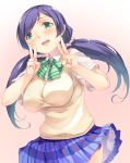  1girl blush breasts double_v green_eyes long_hair looking_at_viewer love_live!_school_idol_project mikage_sekizai open_mouth purple_hair school_uniform skirt smile solo sweater_vest toujou_nozomi twintails v 