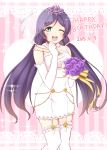  1girl bouquet breasts bride chiro-minami dress flower gloves green_eyes long_hair love_live!_school_idol_project one_eye_closed open_mouth purple_hair smile solo tiara toujou_nozomi twintails veil wedding_dress 