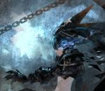  1girl armor black_hair black_rock_shooter black_rock_shooter_(character) blue_eyes blue_fire cancer_(zjcconan) chain claws fire gauntlets helmet insane_black_rock_shooter long_hair navel ponytail scar shatter star upper_body 