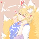  1girl animal_ears blonde_hair blush closed_eyes cube85 dress eating fang fox_ears fox_tail heart long_sleeves multiple_tails no_hat solo table tail touhou upper_body white_dress wide_sleeves yakumo_ran 