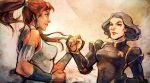  2girls arashicat armor avatar:_the_last_airbender brown_hair dark_skin fist_bump green_eyes grey_hair korra legend_of_korra lin_bei_fong multiple_girls 