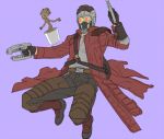  1boy groot guardians_of_the_galaxy gun jacket long_coat marvel mask peter_quill plant potted_plant red_jacket weapon 