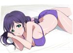  1girl aqua_eyes bikini breasts large_breasts long_hair looking_at_viewer love_live!_school_idol_project lying on_stomach purple_hair scrunchie sideboob solo swimsuit tonbi toujou_nozomi twintails 