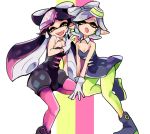 2girls :d black_hair callie_(splatoon) cousins dress fangs food food_on_head funi green_legwear highres long_hair marie_(splatoon) mole mole_under_eye multiple_girls object_on_head open_mouth orange_eyes pantyhose pointy_ears purple_legwear short_hair silver_hair smile splatoon strapless_dress sushi tentacle_hair unitard