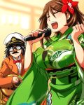  1girl admiral_(kantai_collection) alternate_costume amagi_(kantai_collection) black_hair breasts brown_hair closed_eyes disguise furisode glasses guitar hair_between_eyes indoors instrument japanese_clothes kantai_collection kimono kobamiso_(kobalt) large_breasts long_hair microphone mole mole_under_eye obi open_mouth ponytail sash singing wide_sleeves 