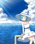  1girl ;d blue_eyes blue_hair dress grin hair_ornament hairclip hat light_rays mahou_shoujo_madoka_magica miki_sayaka ocean one_eye_closed open_mouth short_hair sitting smile solo sun_hat sunbeam sundress sunlight yukiroku 