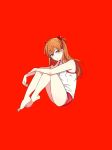  1girl absurdres bare_legs barefoot blue_eyes highres jpeg_artifacts long_hair looking_at_viewer mebae neon_genesis_evangelion orange_hair red_background short_shorts shorts solo souryuu_asuka_langley tank_top 