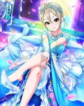  1girl artist_request black_eyes blonde_hair blue_dress crossed_legs dress earrings glass_slipper high_heels idolmaster idolmaster_cinderella_girls jewelry nail_polish necklace official_art petals shiomi_shuuko short_hair sitting_on_stairs stairs tiara 