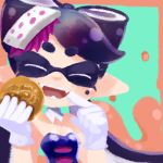 1girl :d black_hair callie_(splatoon) closed_eyes detached_collar fangs food food_on_head gloves hair_rings holding long_hair lowres mask mizore_ame mole mole_under_eye object_on_head open_mouth smile solo splatoon sushi tentacle_hair upper_body white_gloves