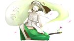  1girl bandaged_arm blonde_hair cherry_blossoms clenched_hand commentary_request flower gradient_eyes green_eyes hairband highres katana konpaku_youmu konpaku_youmu_(ghost) looking_away midriff mouth_hold multicolored_eyes navel open_clothes open_shirt ribbon_in_mouth sarashi shirt short_hair silver_hair simple_background sitting solo sword touhou translation_request wallpaper weapon white_background wind yugeoryouki 