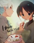  2boys apron blue_hair blueberry cake censored engrish food fork fork_in_mouth fruit hair_ornament hakuryuu_(inazuma_eleven) happy_birthday inazuma_eleven_(series) inazuma_eleven_go long_hair male_focus multicolored_hair multiple_boys plate polka_dot ponytail ranguage raspberry red_eyes rococolove short_hair shuu_(inazuma_eleven) strawberry two-tone_hair whisk white_hair 