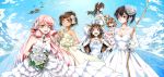  6+girls airplane akashi_(kantai_collection) ashigara_(kantai_collection) bare_shoulders blush bouquet bow_(weapon) bridal_veil bride brown_eyes brown_hair double_bun dress elbow_gloves fairy_(kantai_collection) flower folded_ponytail gloves green_eyes hair_ornament hair_ribbon hairband hairclip headgear highres i-401_(kantai_collection) ikazuchi_(kantai_collection) jewelry kaga_(kantai_collection) kantai_collection kikuichi_monji kongou_(kantai_collection) long_hair looking_at_viewer multiple_girls open_mouth pink_hair ponytail ribbon short_hair side_ponytail smile tan tress_ribbon twintails veil wavy_hair weapon wedding wedding_dress white_dress 