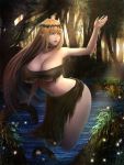  1girl blonde_hair breasts brown_eyes elf forest highres huge_breasts long_hair minamike1991 nature navel original parted_lips pointy_ears solo thighs torn_clothes 