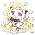  1girl bird chick highres kantai_collection long_hair mittens northern_ocean_hime red_eyes sad_fuka shinkaisei-kan silver_hair simple_background solo white_background white_hair 