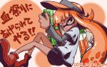  1girl bike_shorts dark_skin fangs inkling long_sleeves nintendo open_mouth orange_hair pointy_ears smile sonson_(eleven) splatoon super_soaker t-shirt tentacle_hair visor_cap yellow_eyes 