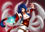  1girl ahri animal_ears bare_shoulders breasts brown_eyes casting_spell cleavage collarbone detached_sleeves energy_orb facial_mark fox_ears ikhwan_maulana korean_clothes large_breasts league_of_legends lips long_hair looking_at_viewer magic multiple_tails nose red_background signature smile solo tail upper_body whisker_markings 