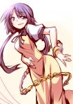  1girl :d \||/ breasts chain dancing dress dutch_angle gold_chain hemogurobin_a1c long_hair looking_at_viewer open_mouth puffy_short_sleeves puffy_sleeves purple_hair short_sleeves smile solo touhou tsukumo_benben violet_eyes 
