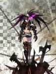  1girl armor armored_boots belt bikini_top black_hair black_rock_shooter cancer_(zjcconan) chain chained chained_wrists choker claws expressionless fire front-tie_top gauntlets glowing glowing_eyes highres insane_black_rock_shooter jacket long_hair looking_at_viewer midriff navel open_clothes purple_fire ringed_eyes short_shorts shorts star torn_clothes twintails violet_eyes 